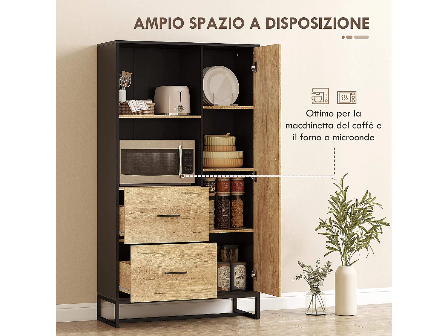 Cedenza cucina mobile dispensa con 2 cassetti 2 ripiani aperti