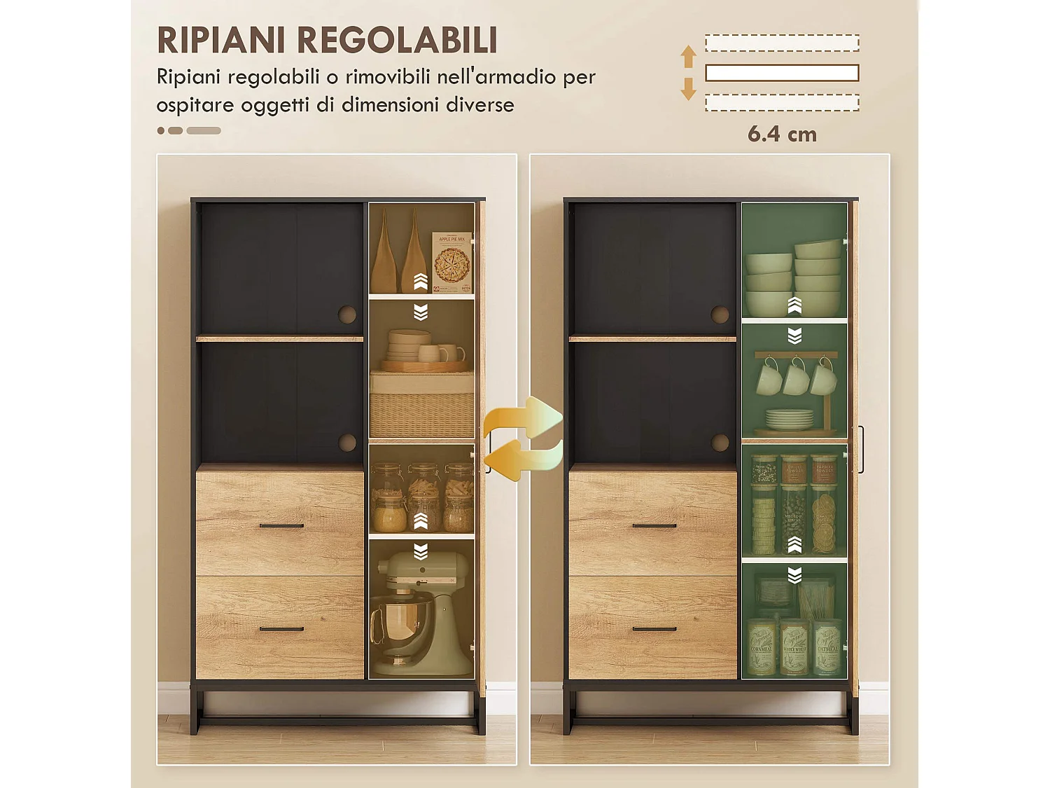 Cedenza cucina mobile dispensa con 2 cassetti 2 ripiani aperti