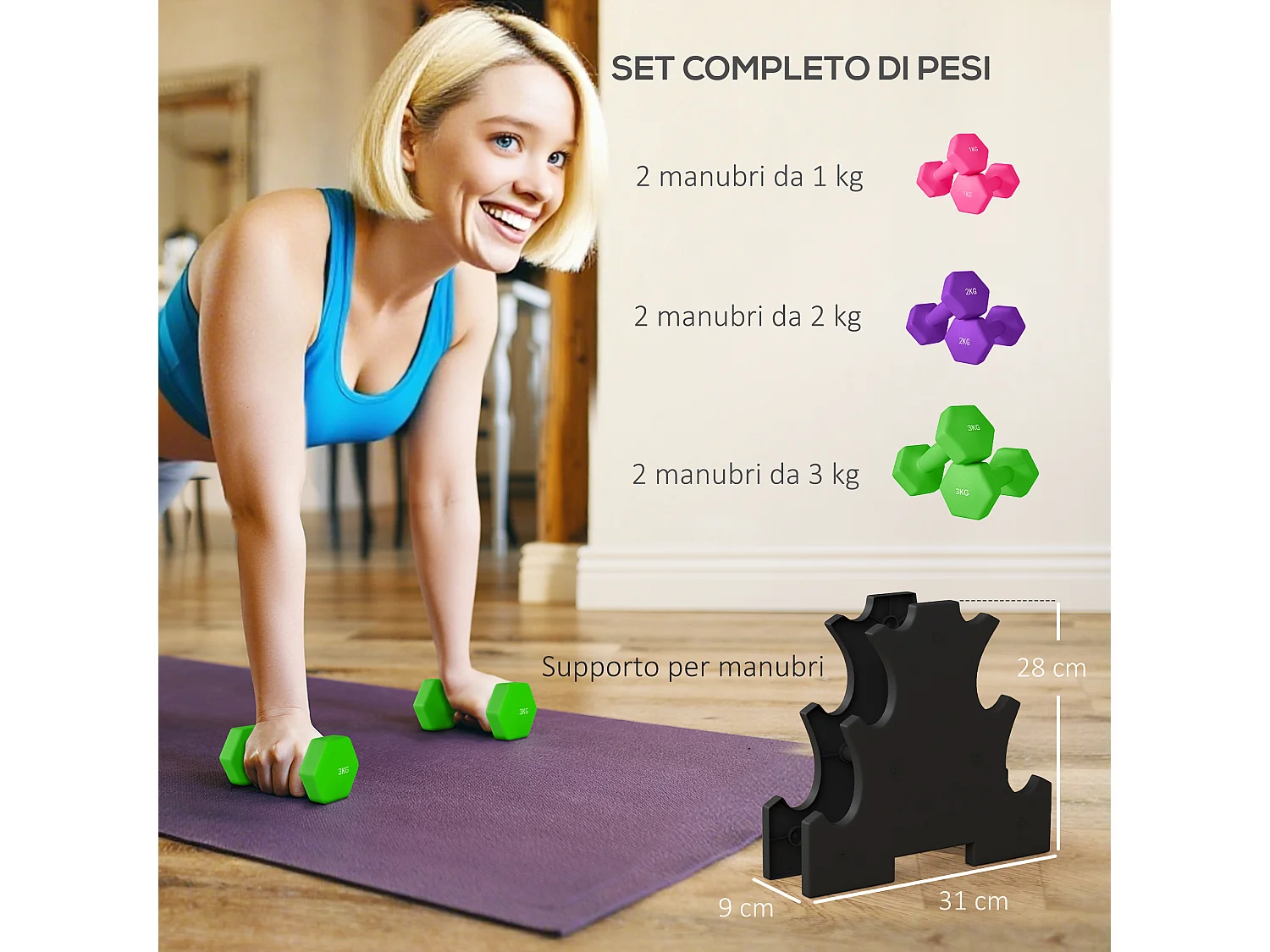Set di 6 manubri con supporto 2x1 kg, 2x2 kg, 2x3 kg multicolore