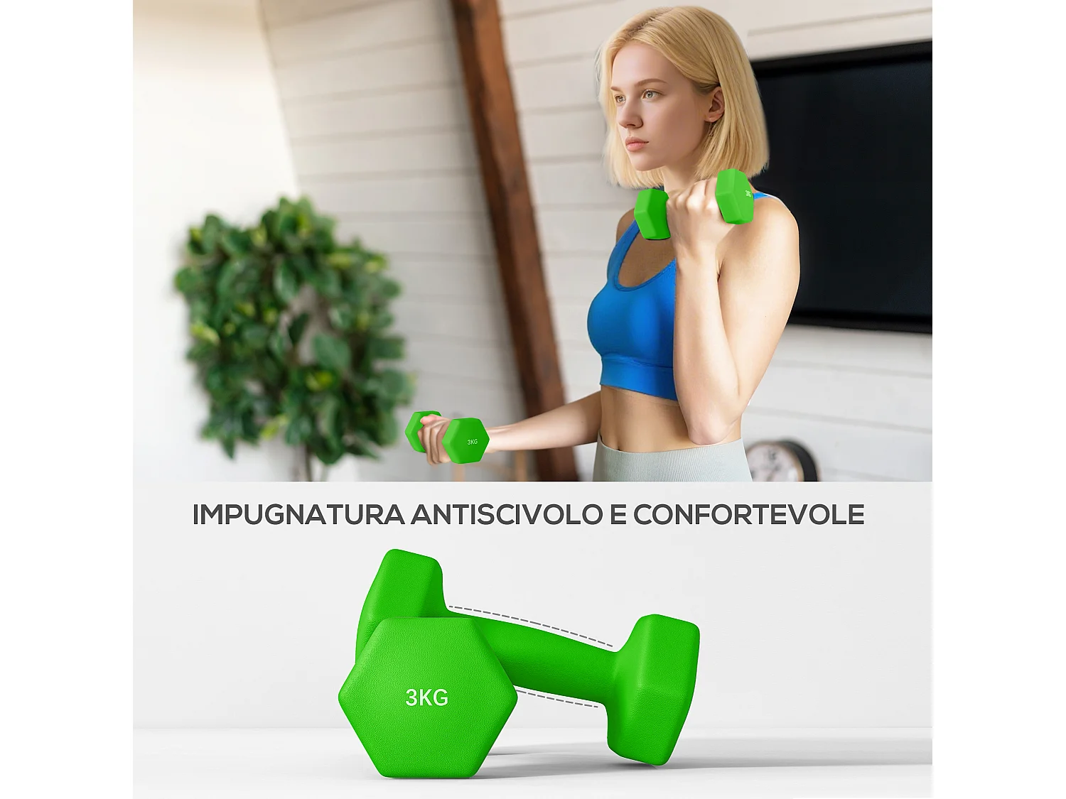 Set di 6 manubri con supporto 2x1 kg, 2x2 kg, 2x3 kg multicolore