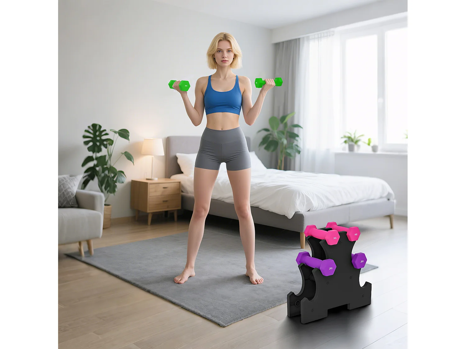 Set di 6 manubri con supporto 2x1 kg, 2x2 kg, 2x3 kg multicolore