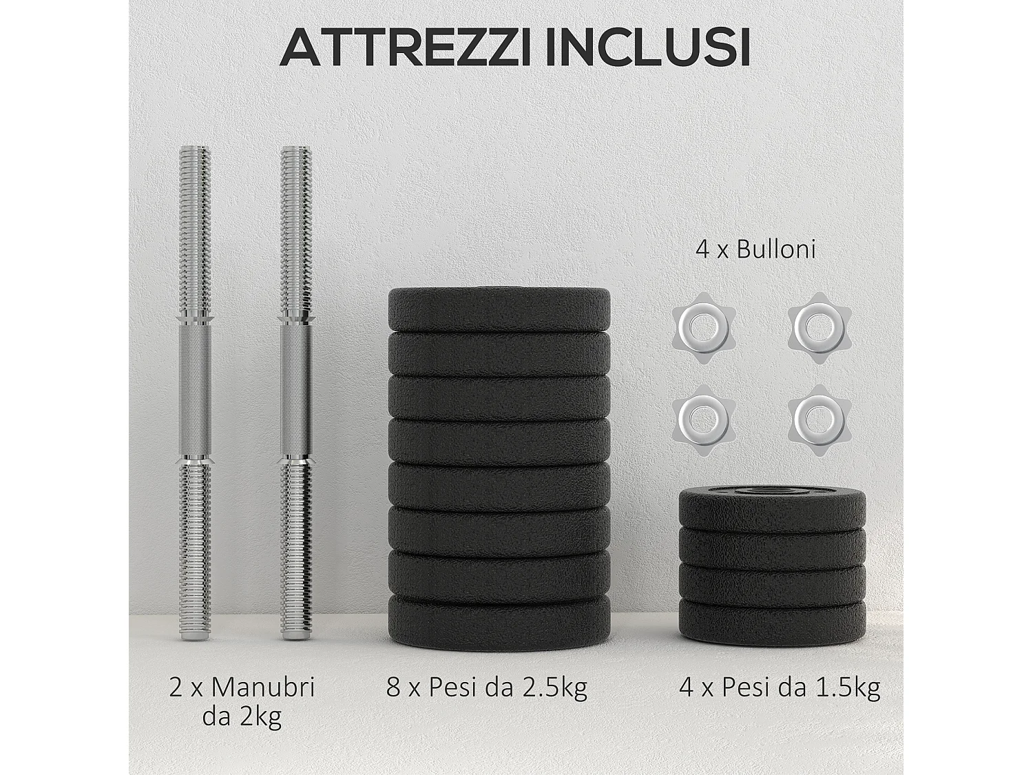 Set 2 manubri pesi da 30kg totali con 12 dischi in acciaio e pu nero