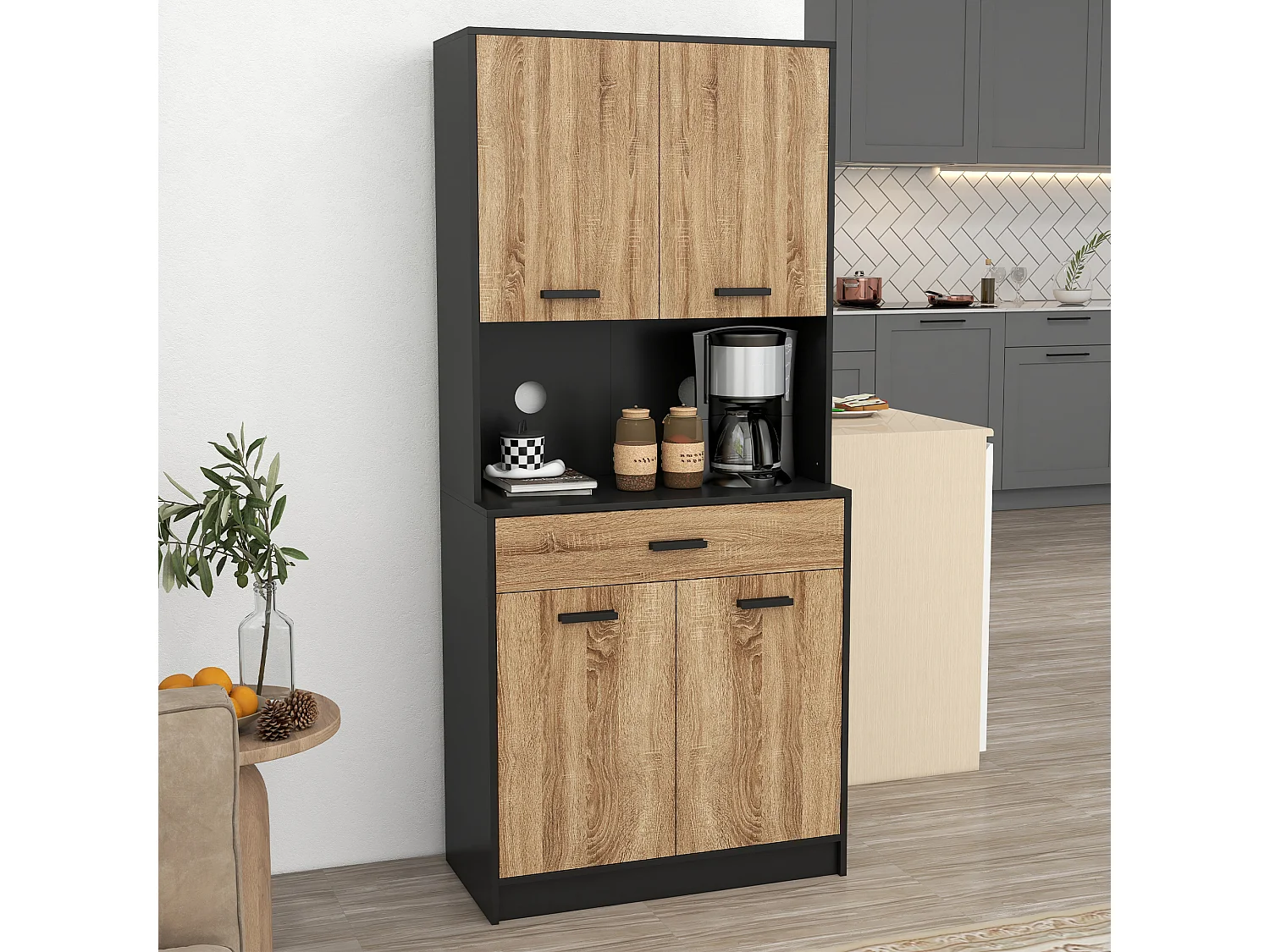 Credenza cucina 180 cm mobile dispensa con foro passacavi e piano portamicroonde