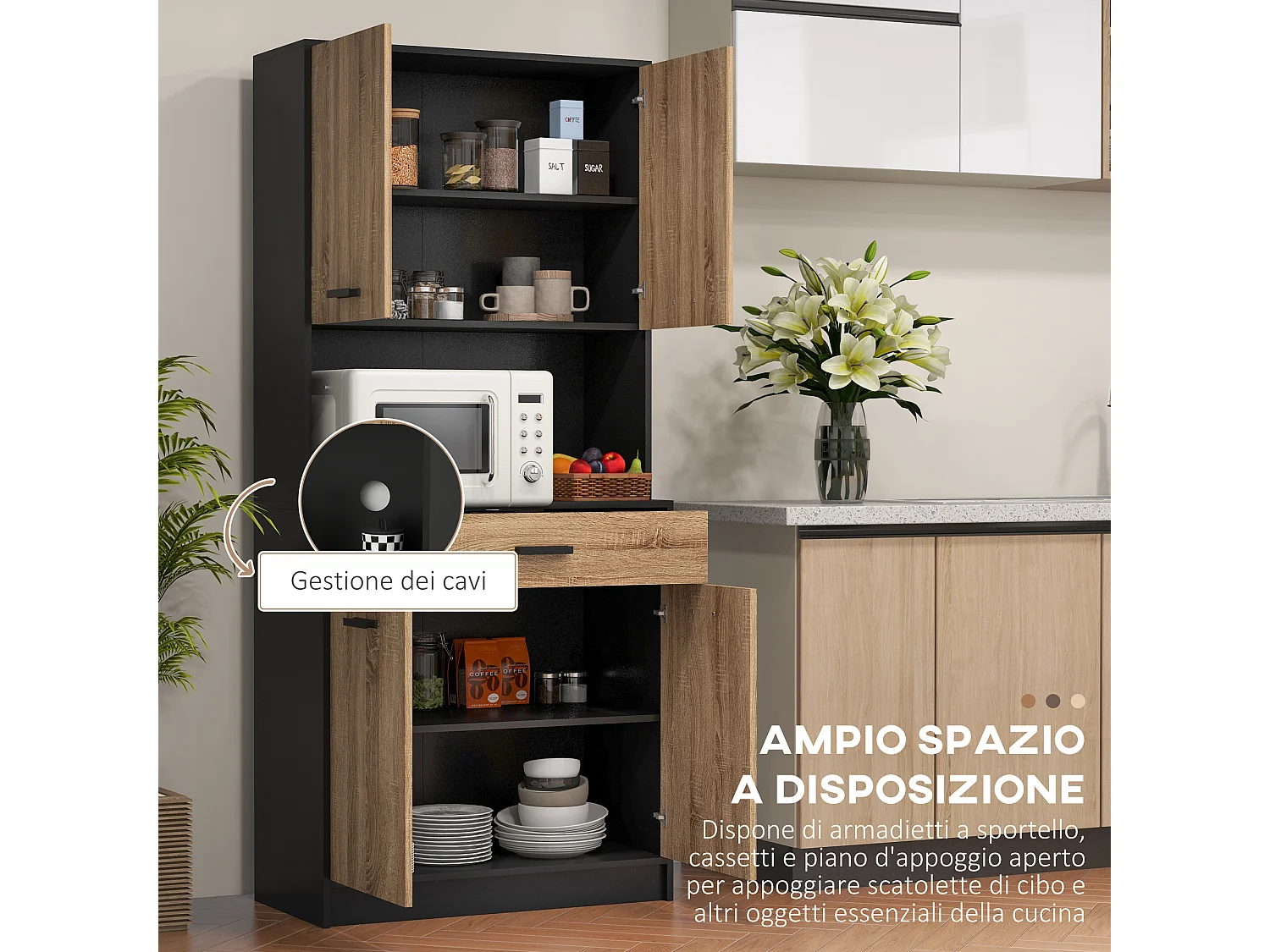 Credenza cucina 180 cm mobile dispensa con foro passacavi e piano portamicroonde