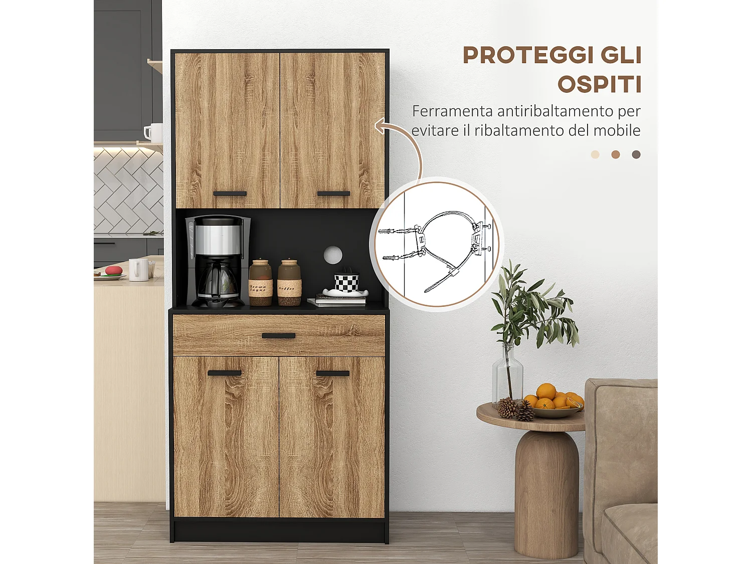 Credenza cucina 180 cm mobile dispensa con foro passacavi e piano portamicroonde