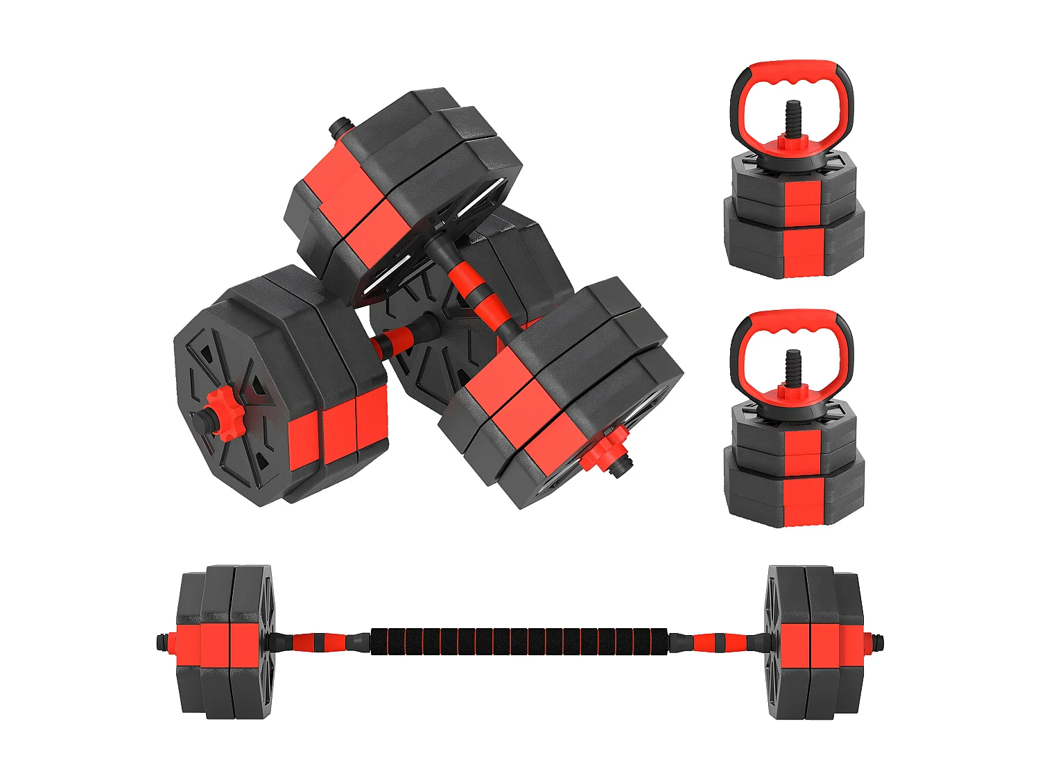 Set pesi 4 in 1 da 30kg con kettlebell manubri e bilanciere rosso