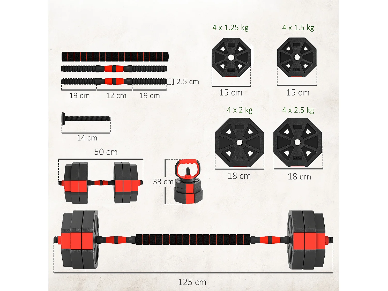 Set pesi 4 in 1 da 30kg con kettlebell manubri e bilanciere rosso