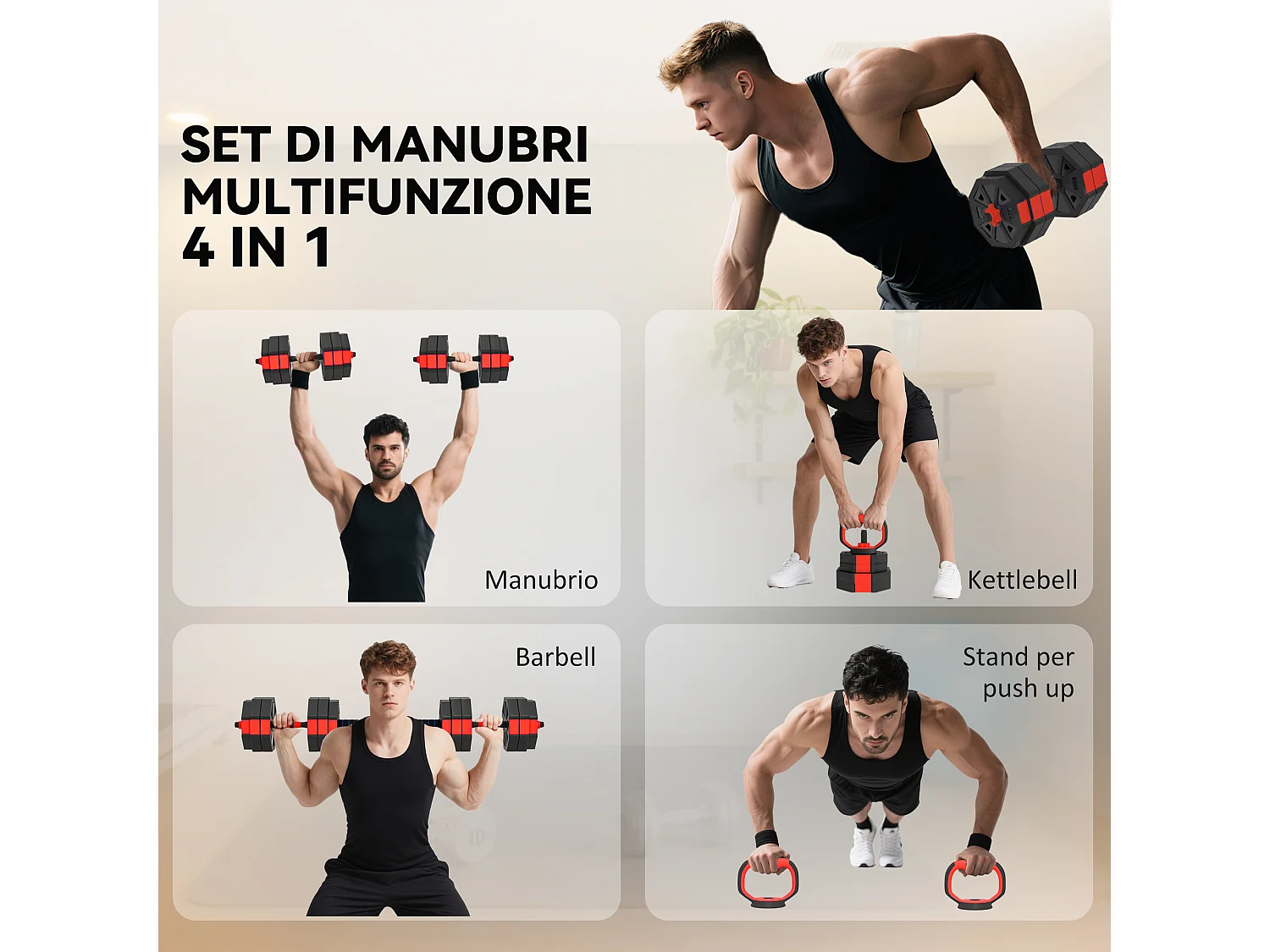 Set pesi 4 in 1 da 30kg con kettlebell manubri e bilanciere rosso