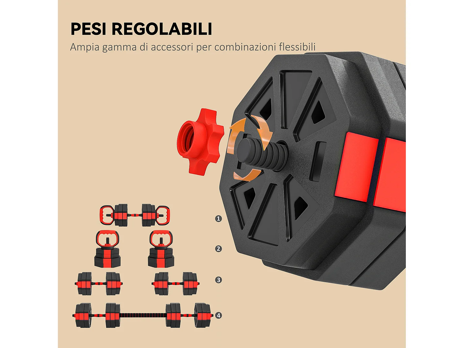 Set pesi 4 in 1 da 30kg con kettlebell manubri e bilanciere rosso