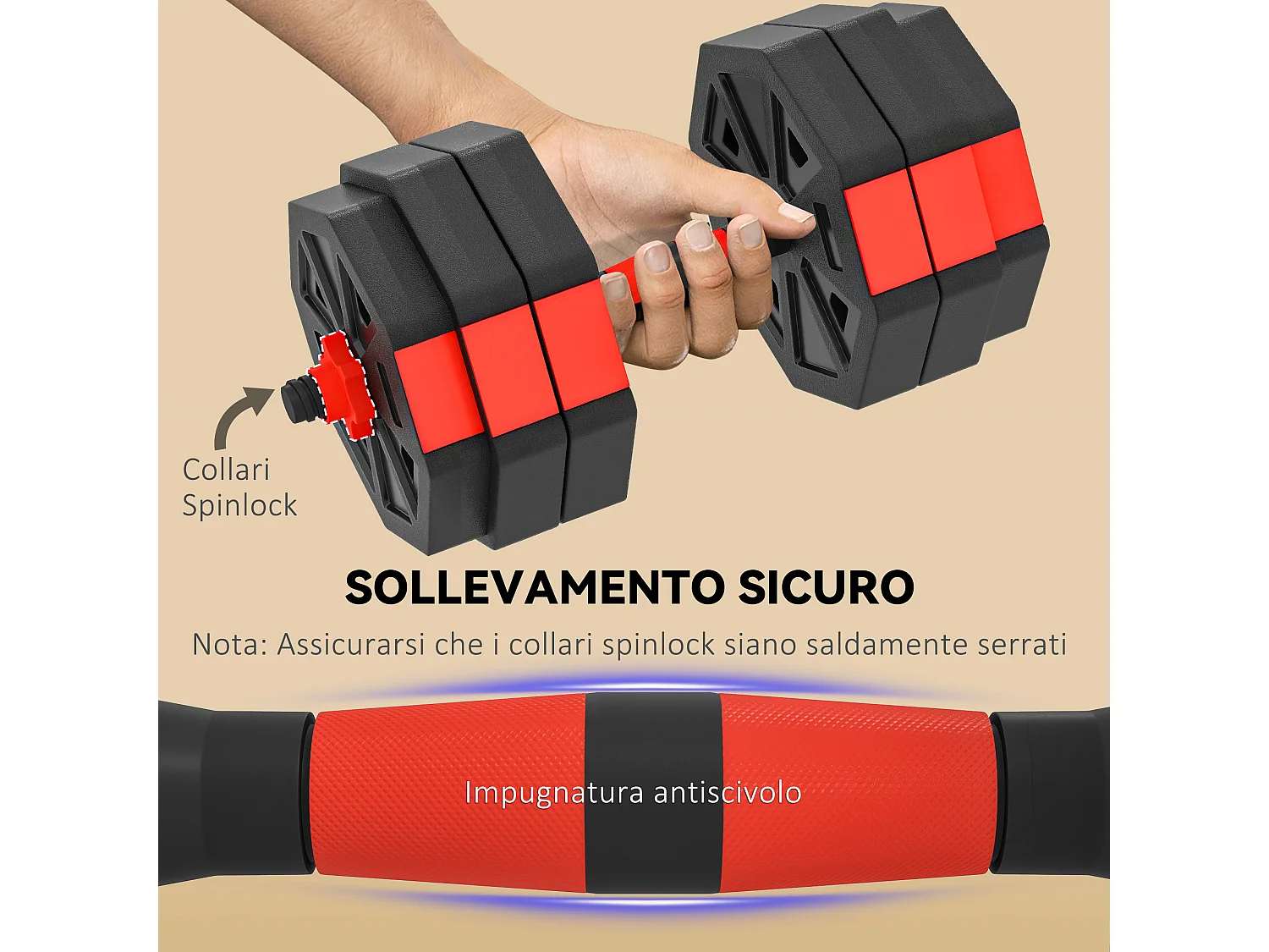 Set pesi 4 in 1 da 30kg con kettlebell manubri e bilanciere rosso