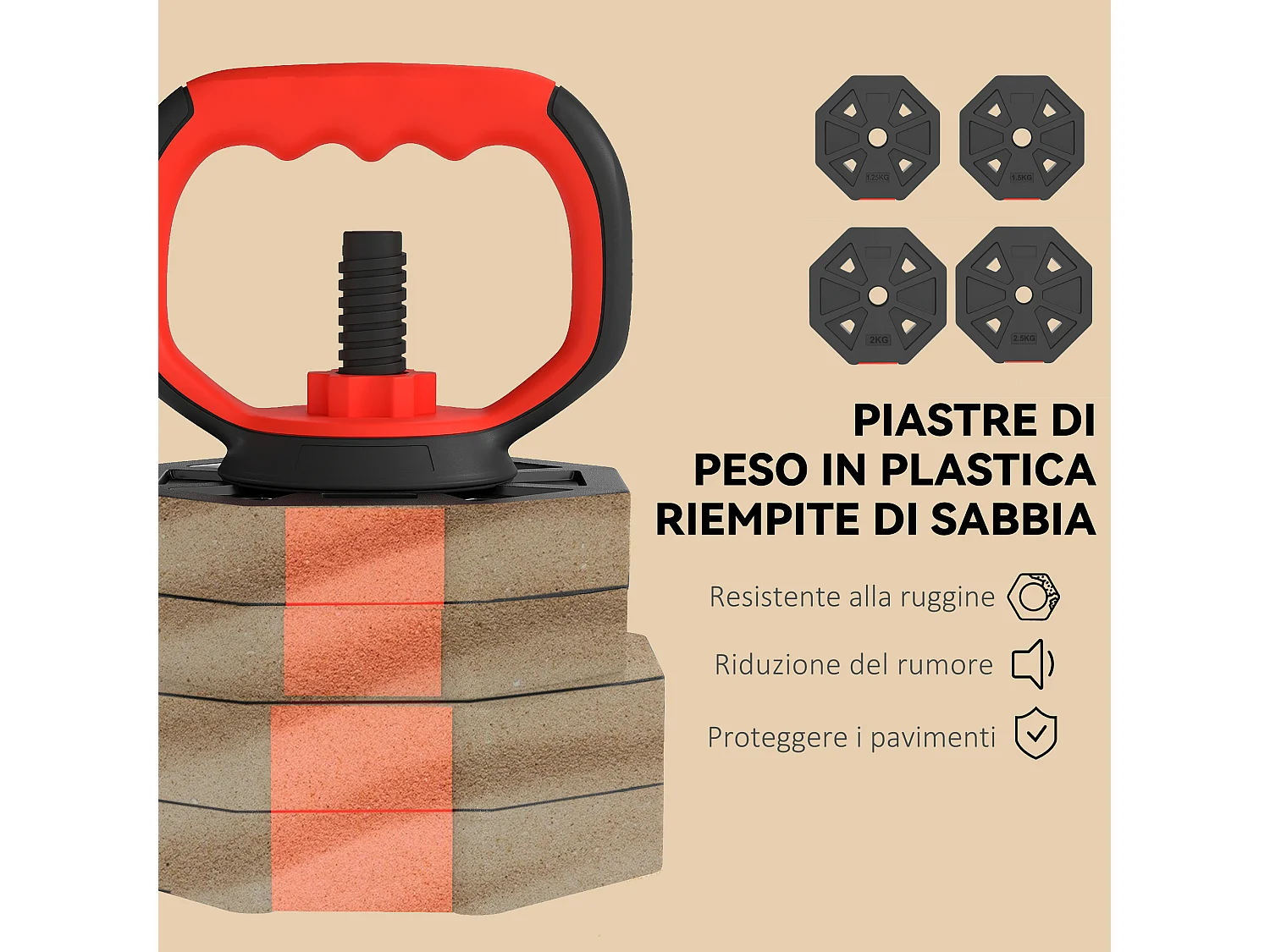 Set pesi 4 in 1 da 30kg con kettlebell manubri e bilanciere rosso