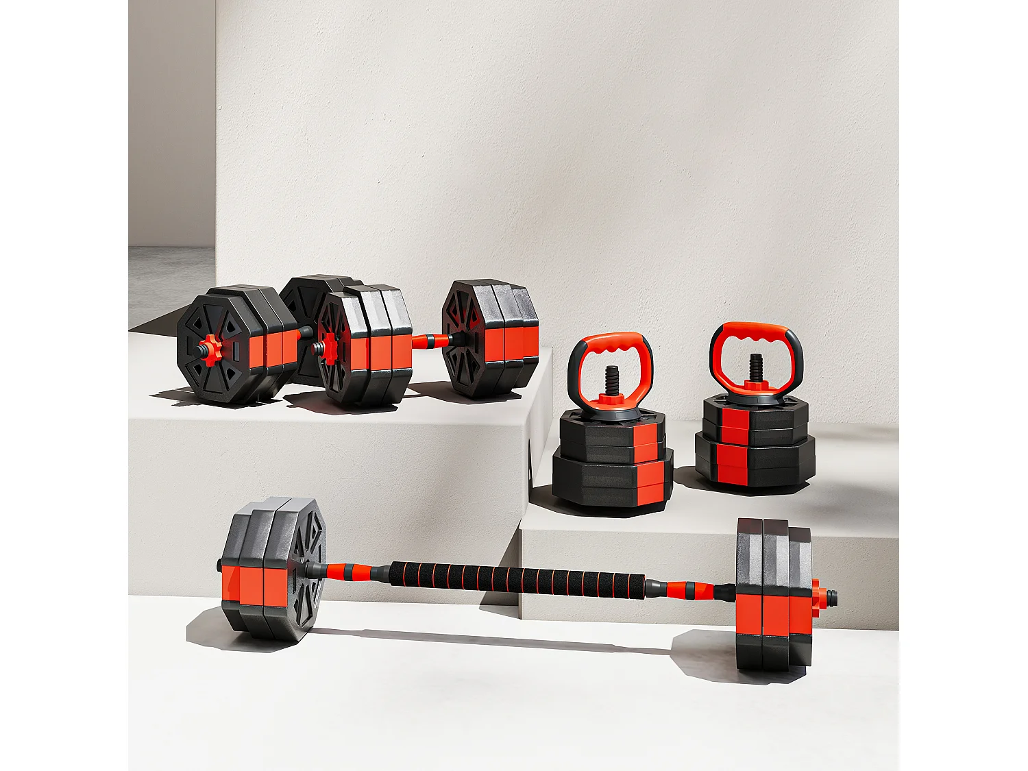 Set pesi 4 in 1 da 30kg con kettlebell manubri e bilanciere rosso