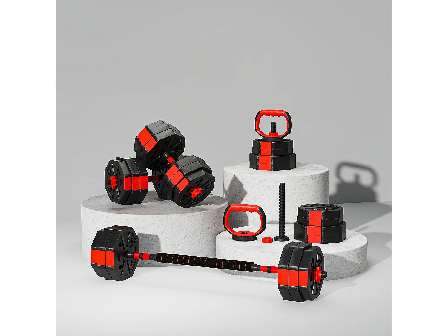 Set pesi 4 in 1 da 30kg con kettlebell manubri e bilanciere rosso