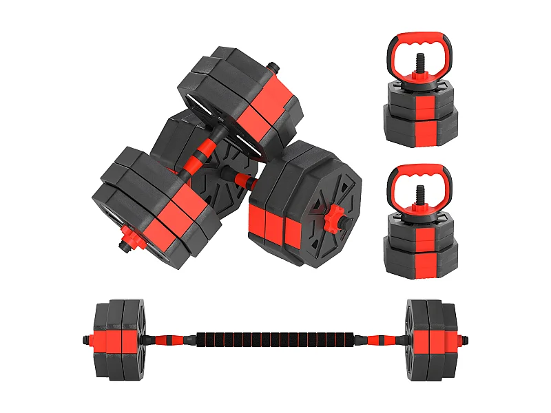 Set pesi 4 in 1 da 30kg con kettlebell manubri e bilanciere rosso