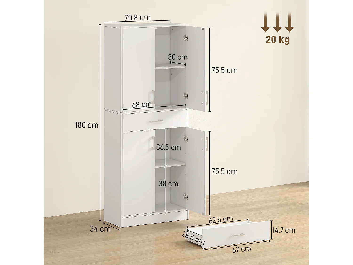 Credenza cucina alta mobile dispensa con 2 armadietti e cassetto grande