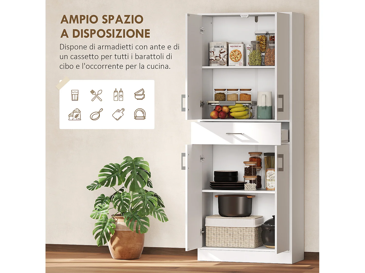 Credenza cucina alta mobile dispensa con 2 armadietti e cassetto grande