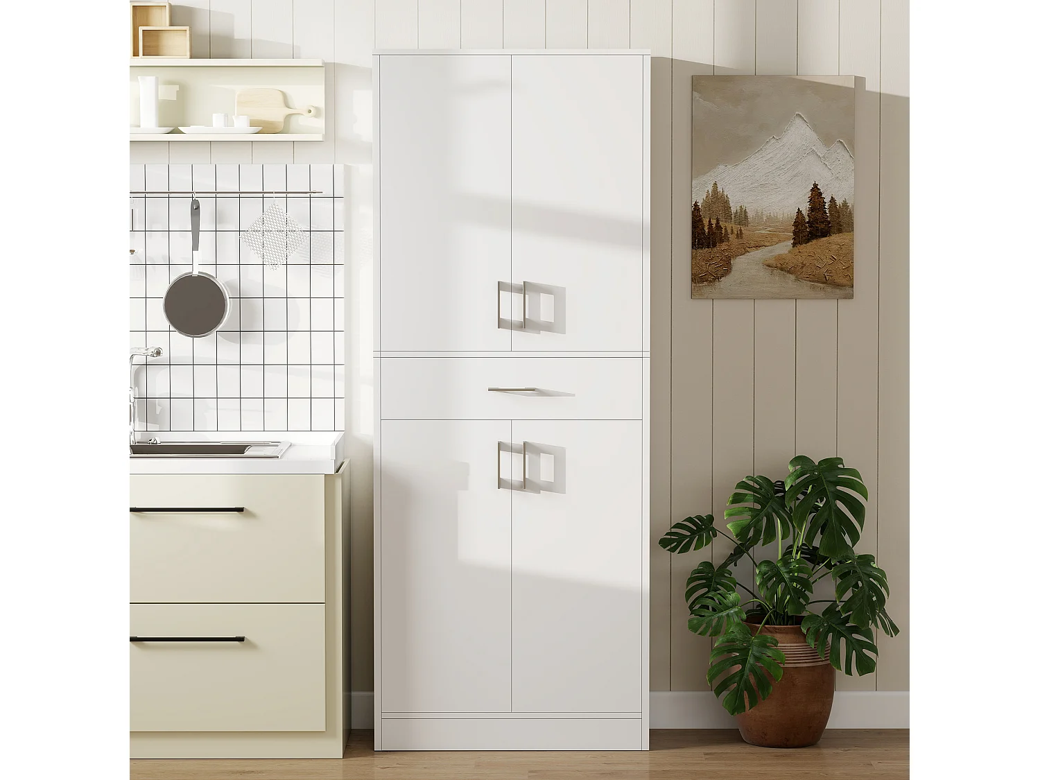 Credenza cucina alta mobile dispensa con 2 armadietti e cassetto grande