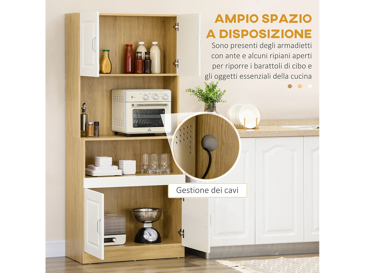 Mobile dispensa alto con armadietti e ripiano aperto