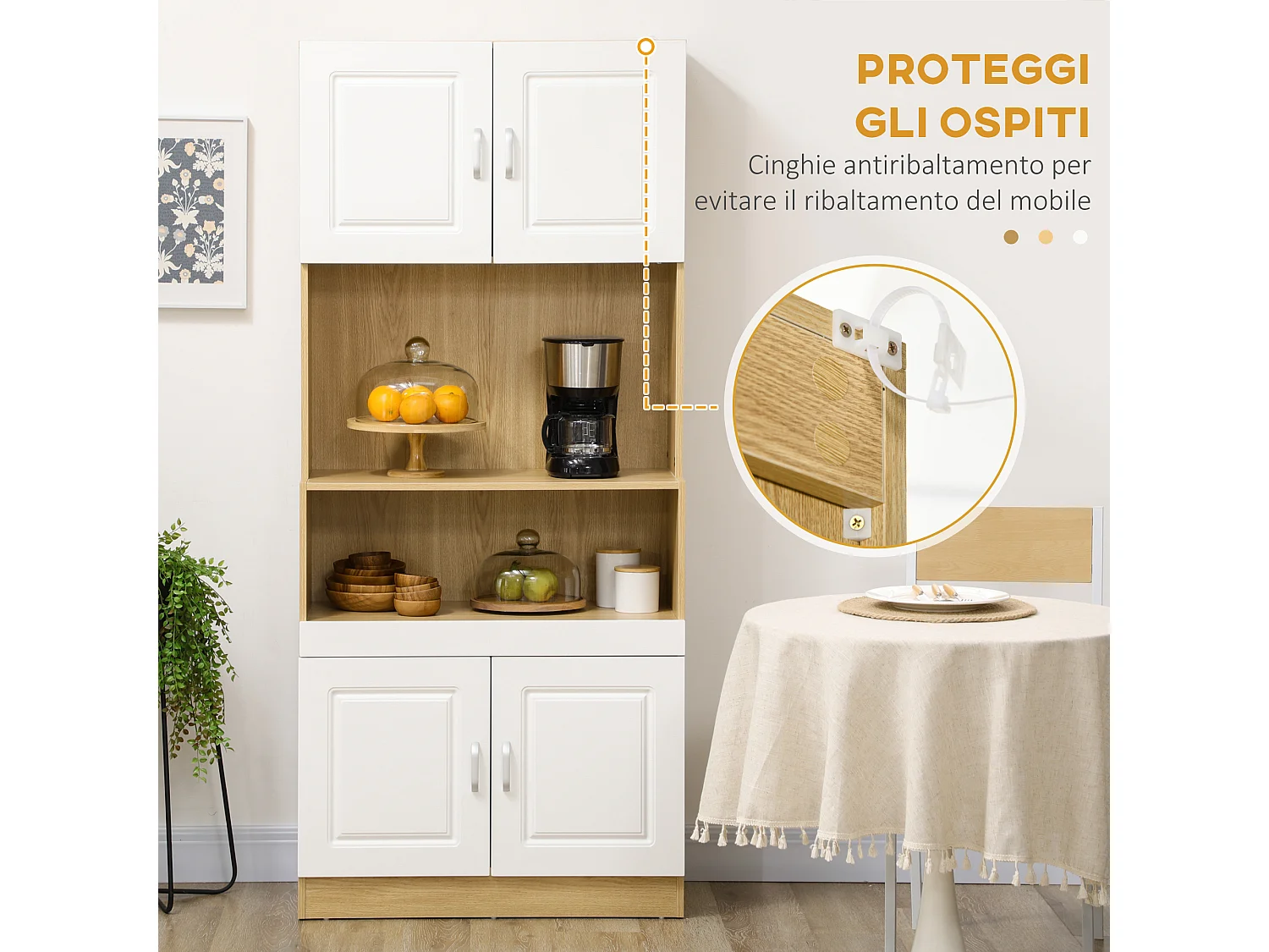 Mobile dispensa alto con armadietti e ripiano aperto