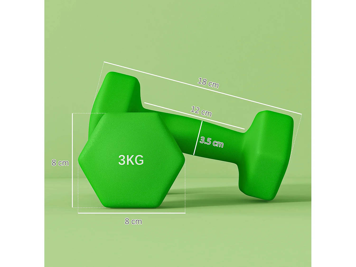 Set 2 manubri da 3 kg antiscivolo in metallo e plastica 18x8x8cm verde