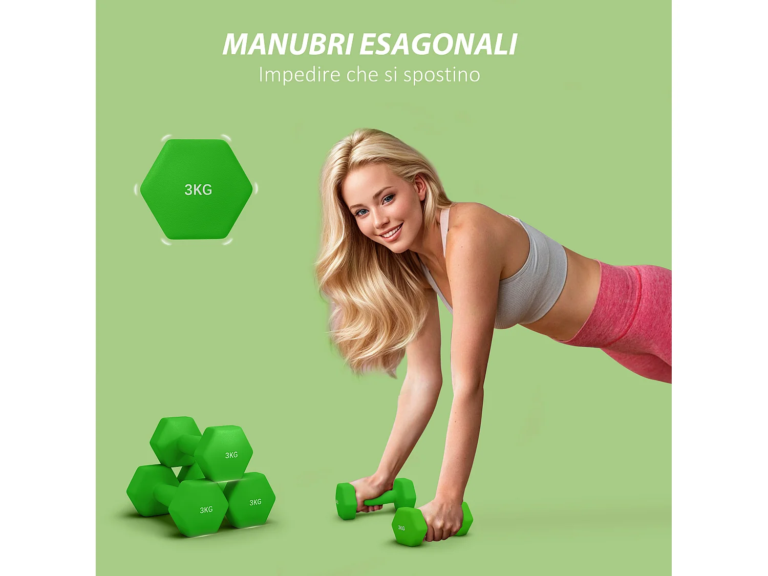 Set 2 manubri da 3 kg antiscivolo in metallo e plastica 18x8x8cm verde