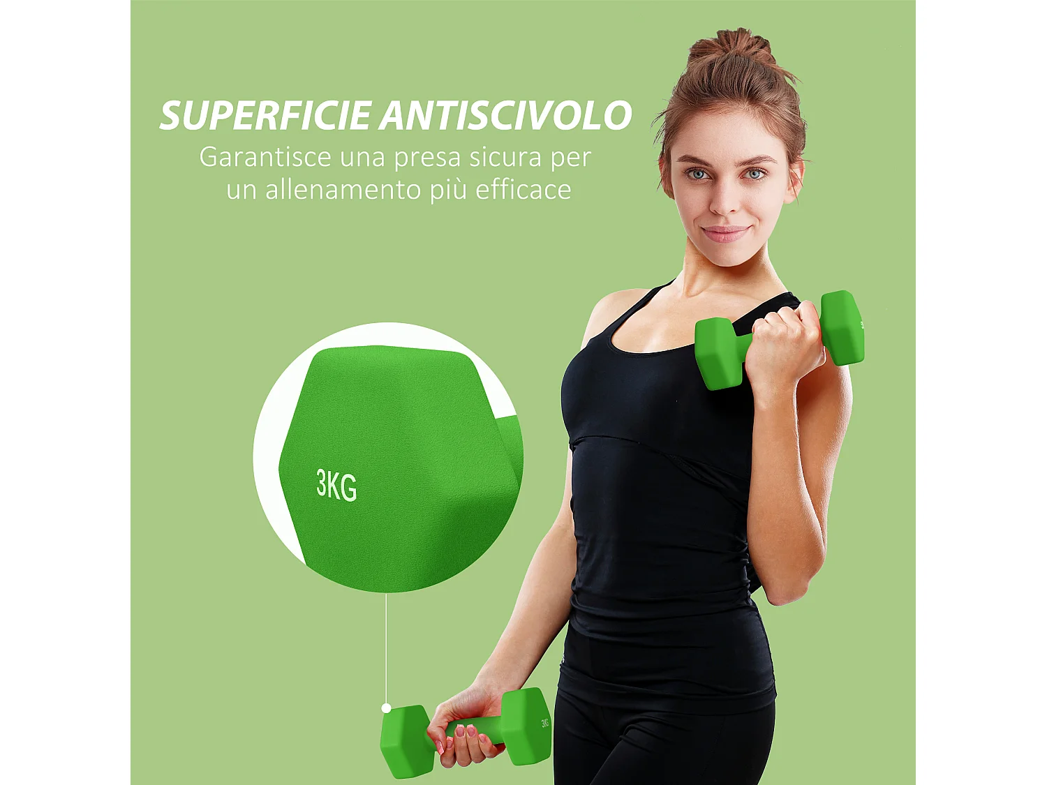 Set 2 manubri da 3 kg antiscivolo in metallo e plastica 18x8x8cm verde