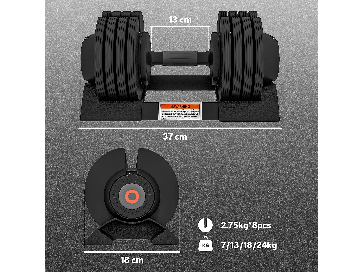 Set pesi regolabili in acciaio e abs 7/13/18/24 kg con base nero