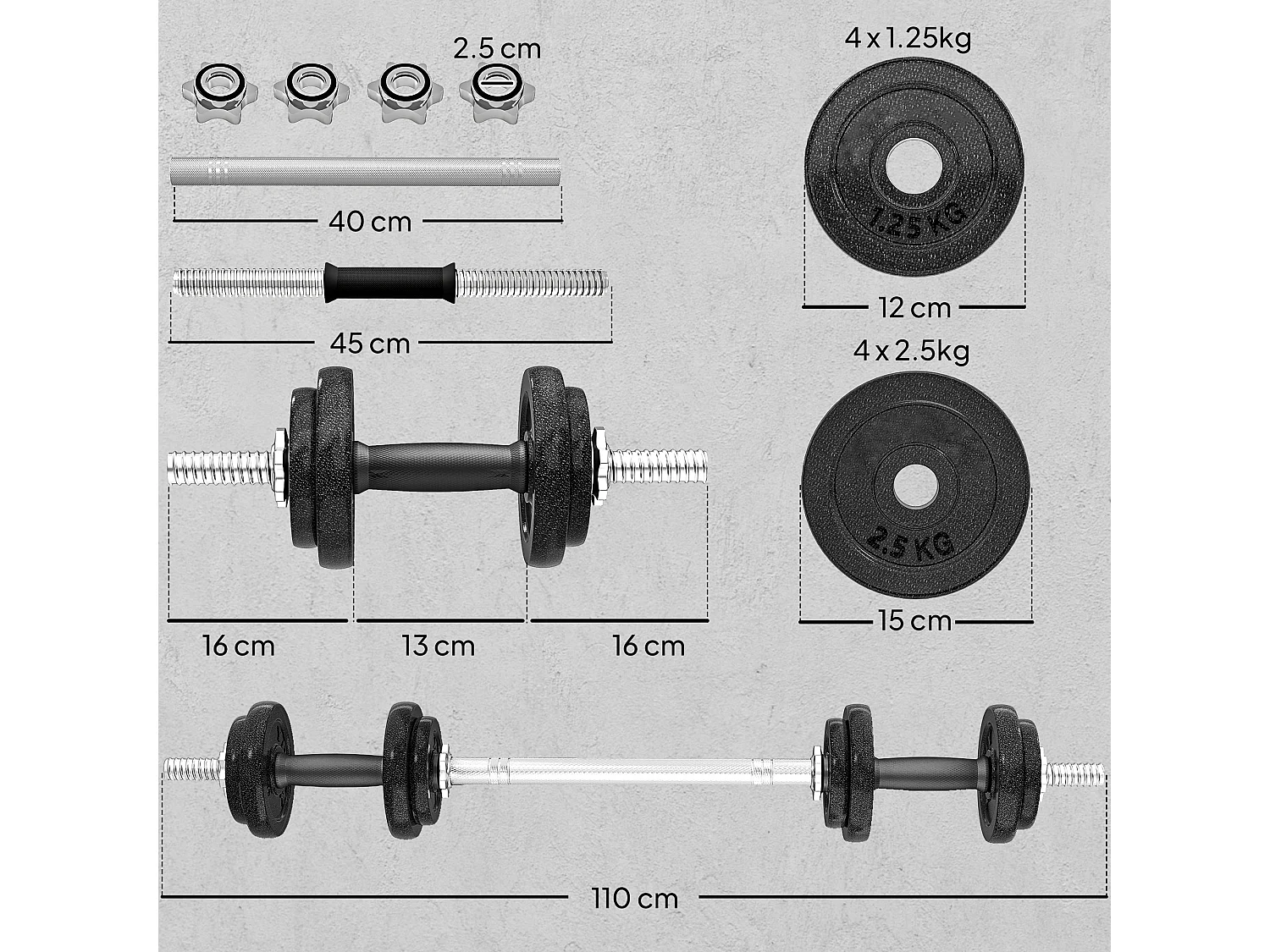 Set bilanciere 20kg regolabile e antiscivolo con 8 dischi pesi