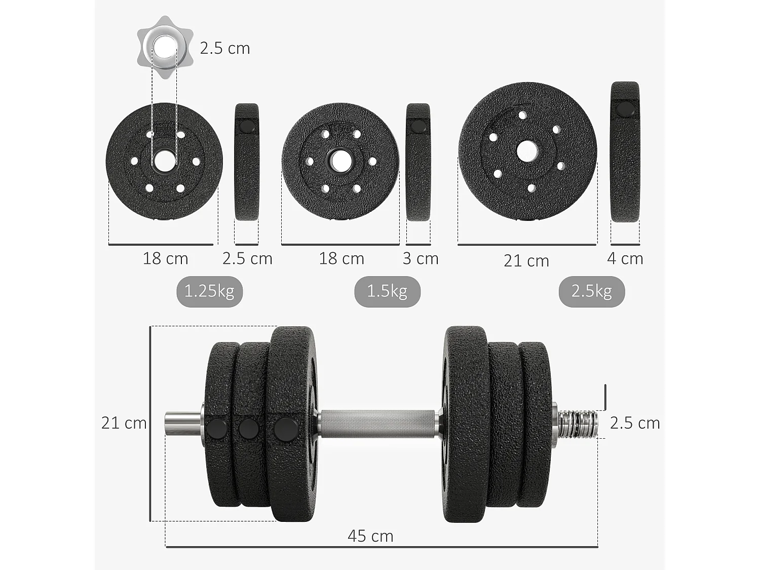 Set manubri palestra da 25kg con 12 dischi e 2 barre da 2 kg nero
