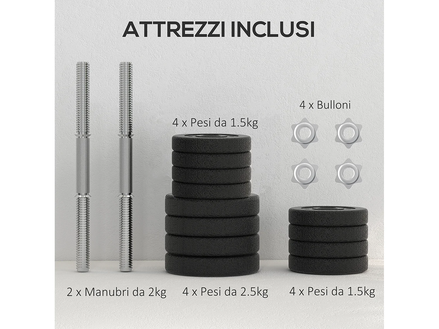 Set manubri palestra da 25kg con 12 dischi e 2 barre da 2 kg nero