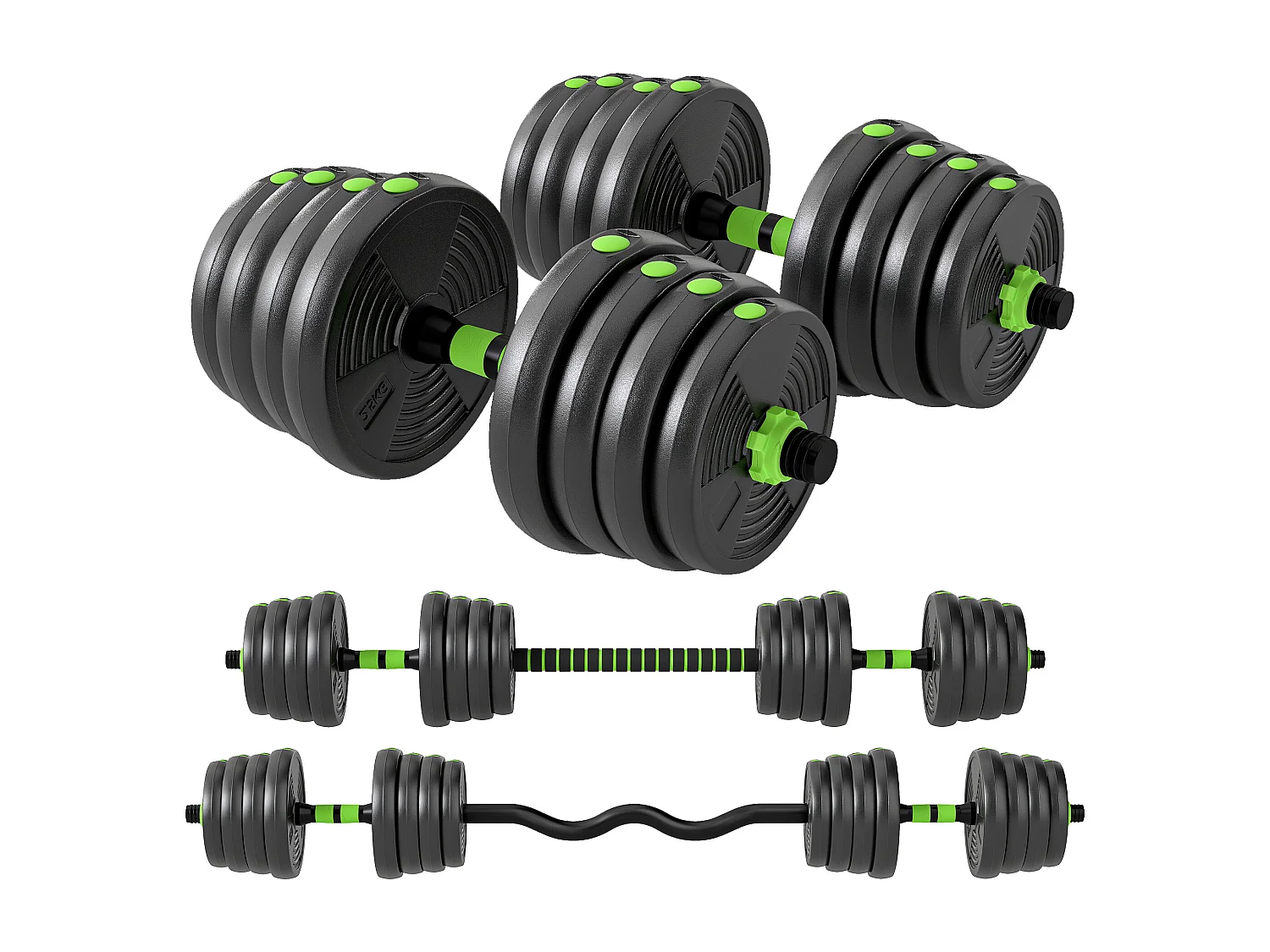 Set bilanciere con pesi 3 in 1 da 16 dischi in plastica e sabbia verde