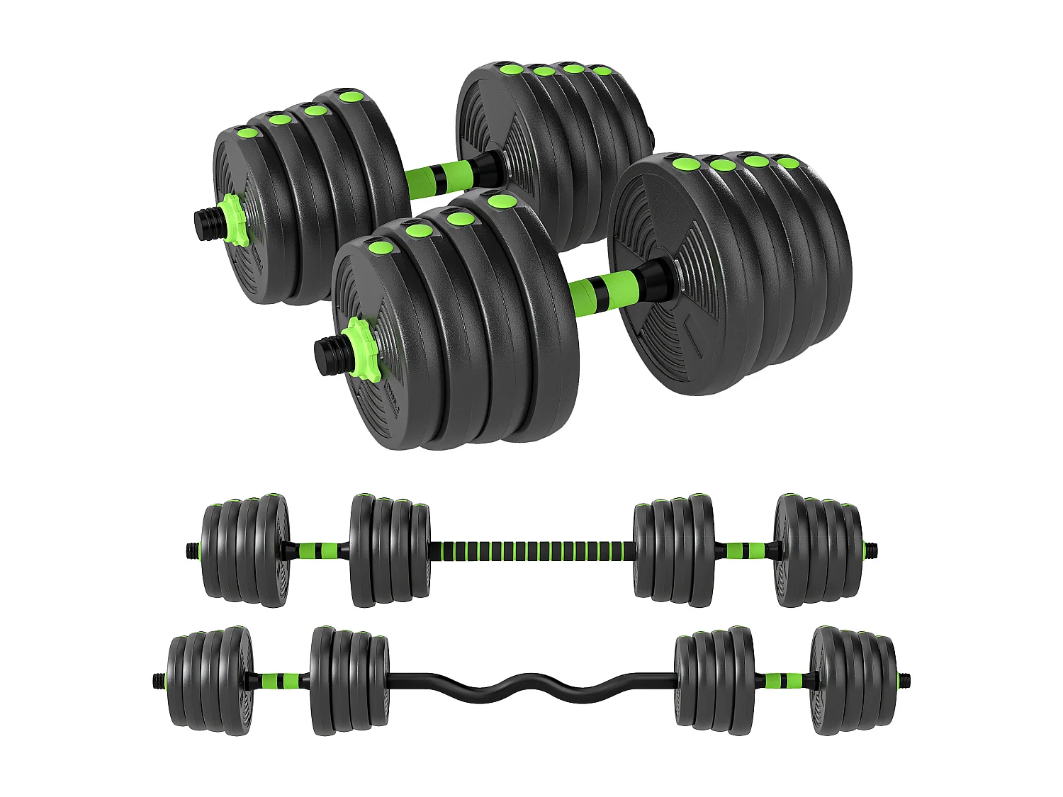 Set bilanciere con pesi 3 in 1 da 16 dischi in plastica e sabbia verde