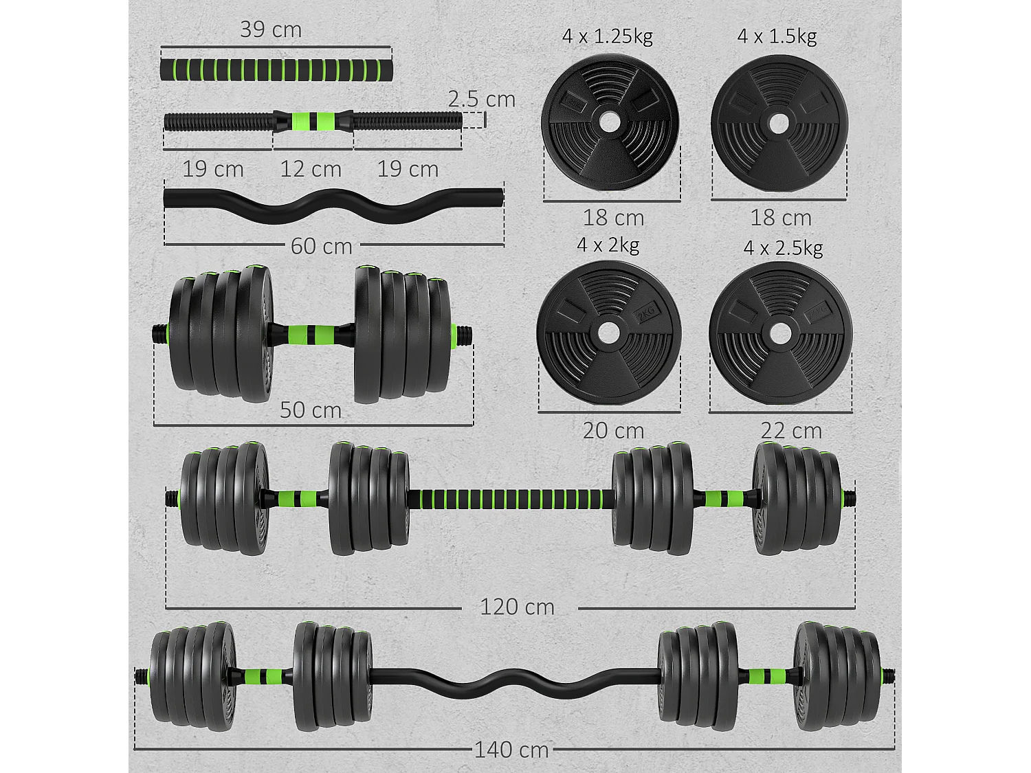 Set bilanciere con pesi 3 in 1 da 16 dischi in plastica e sabbia verde