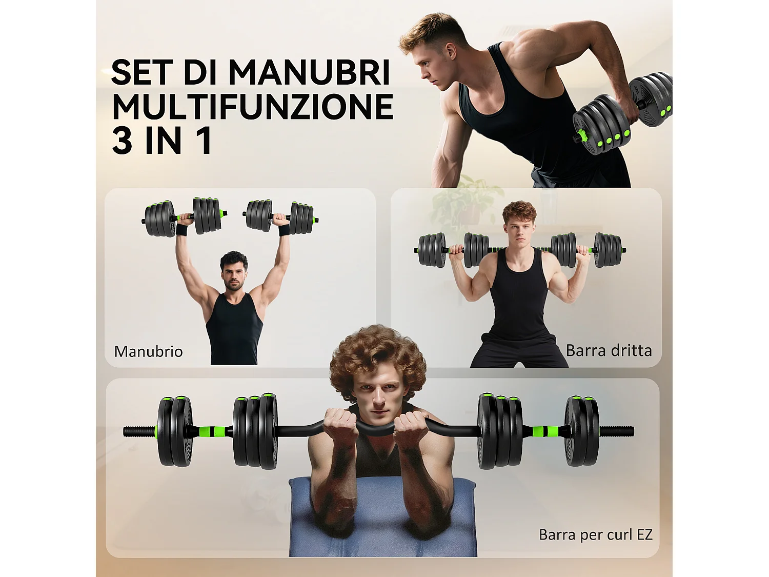 Set bilanciere con pesi 3 in 1 da 16 dischi in plastica e sabbia verde