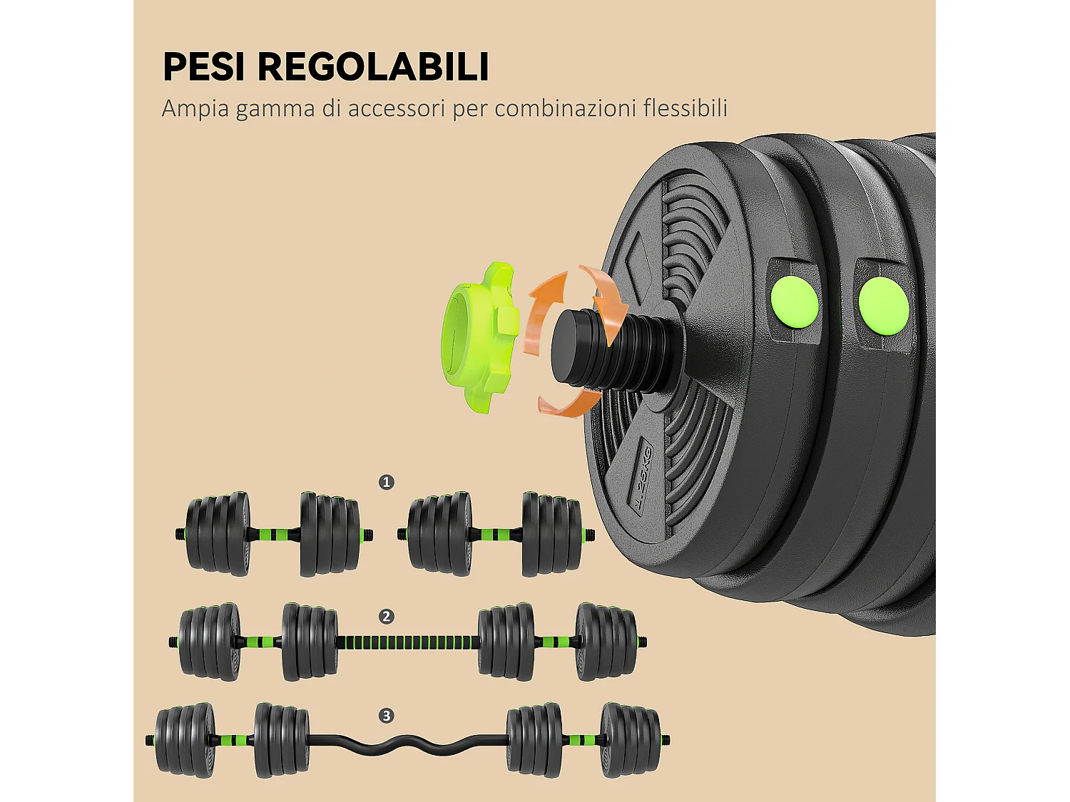Set bilanciere con pesi 3 in 1 da 16 dischi in plastica e sabbia verde