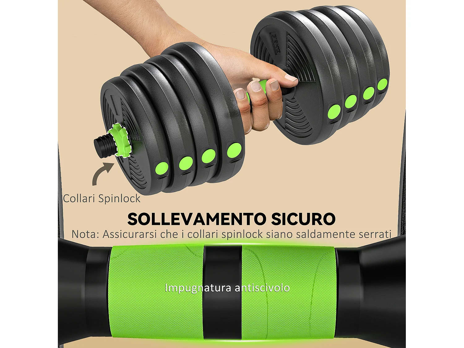 Set bilanciere con pesi 3 in 1 da 16 dischi in plastica e sabbia verde