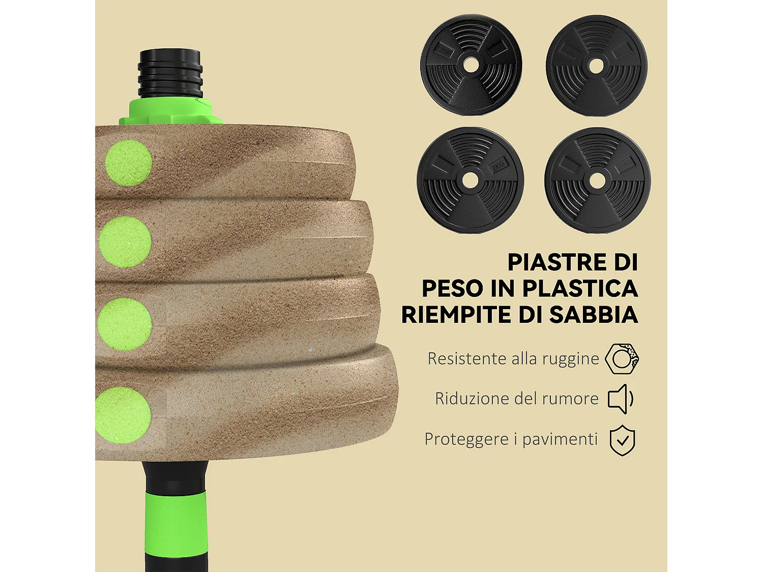 Set bilanciere con pesi 3 in 1 da 16 dischi in plastica e sabbia verde