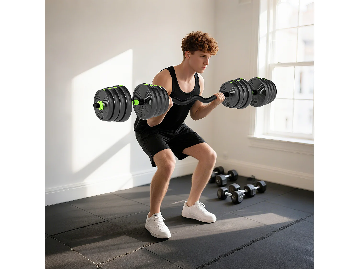 Set bilanciere con pesi 3 in 1 da 16 dischi in plastica e sabbia verde