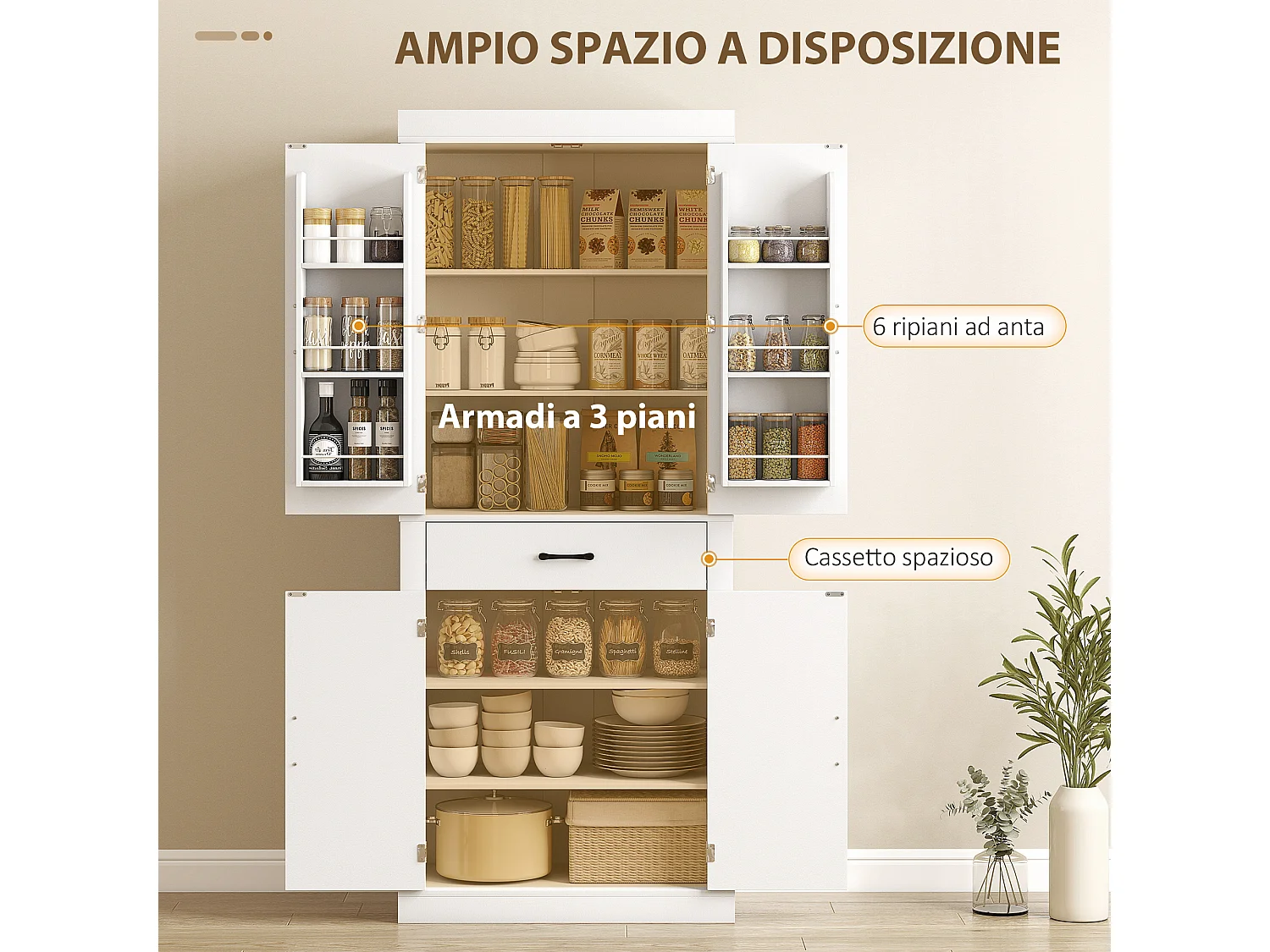 Credenza cucina alta 183.5 cm mobile cucina con 6 portaspezie sulla porta