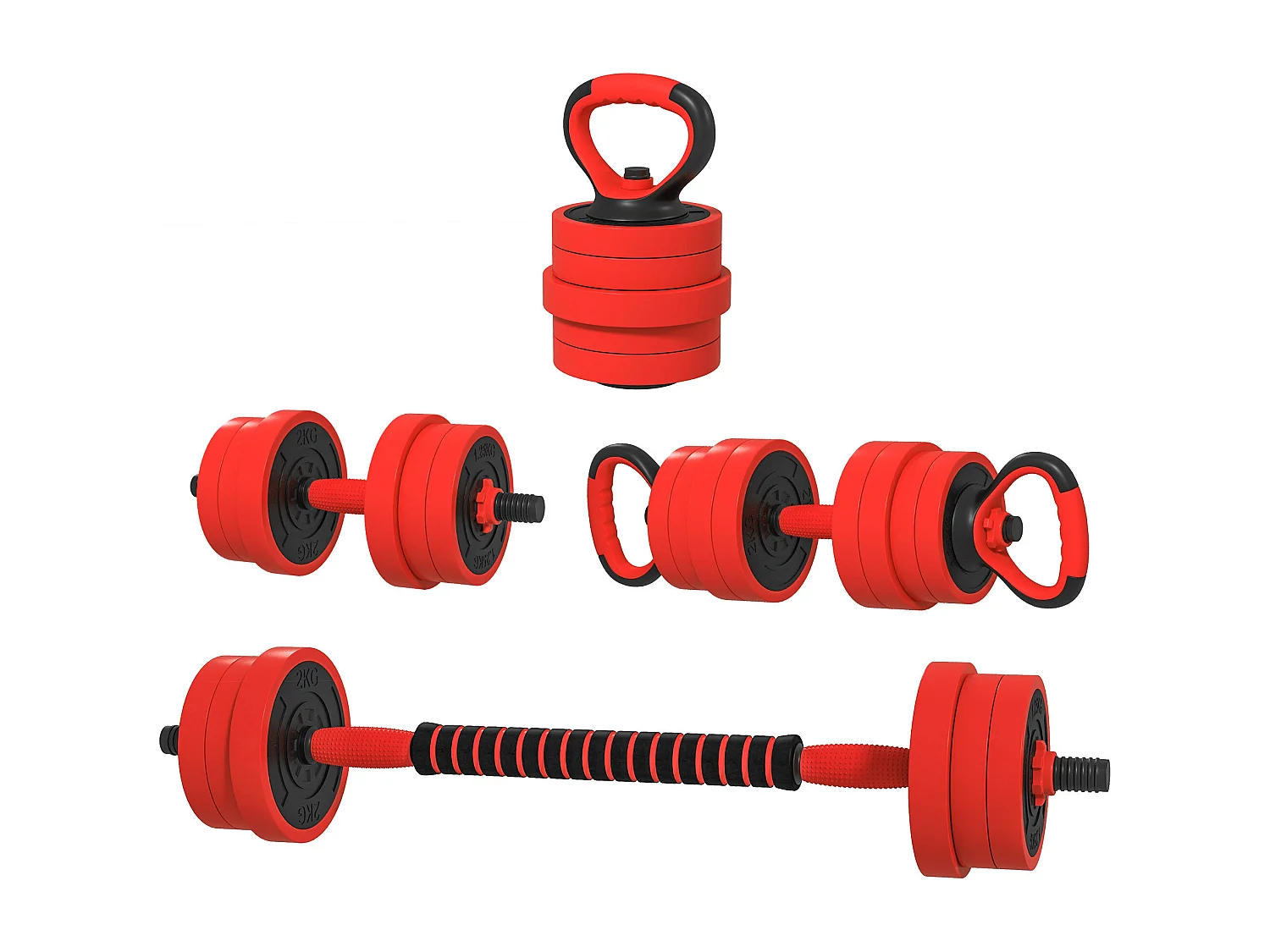 Set pesi 4 in 1 da 20kg con kettlebell manubri e bilanciere rosso