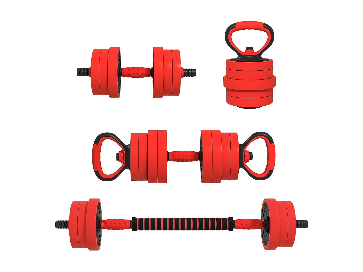 Set pesi 4 in 1 da 20kg con kettlebell manubri e bilanciere rosso