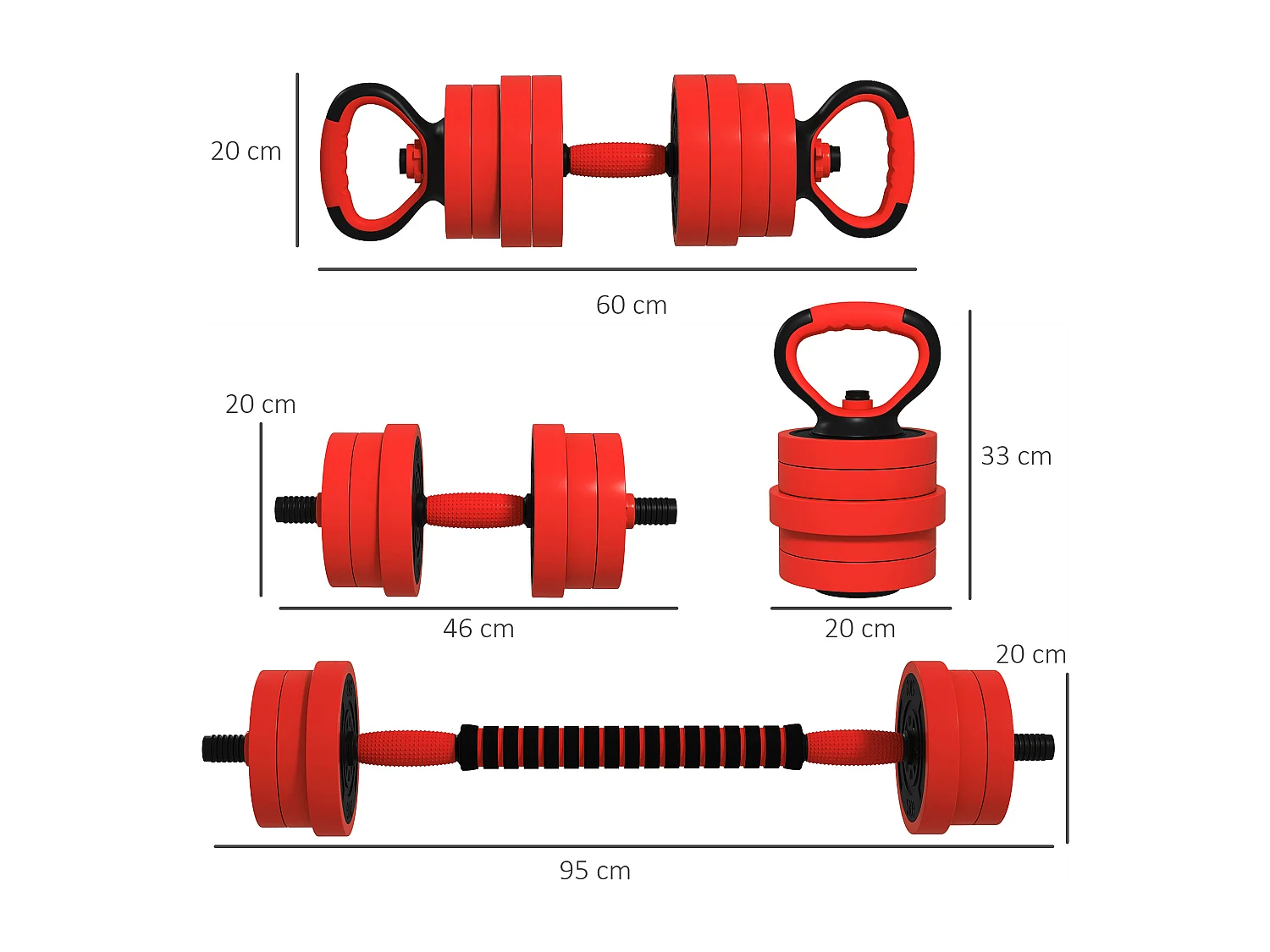 Set pesi 4 in 1 da 20kg con kettlebell manubri e bilanciere rosso