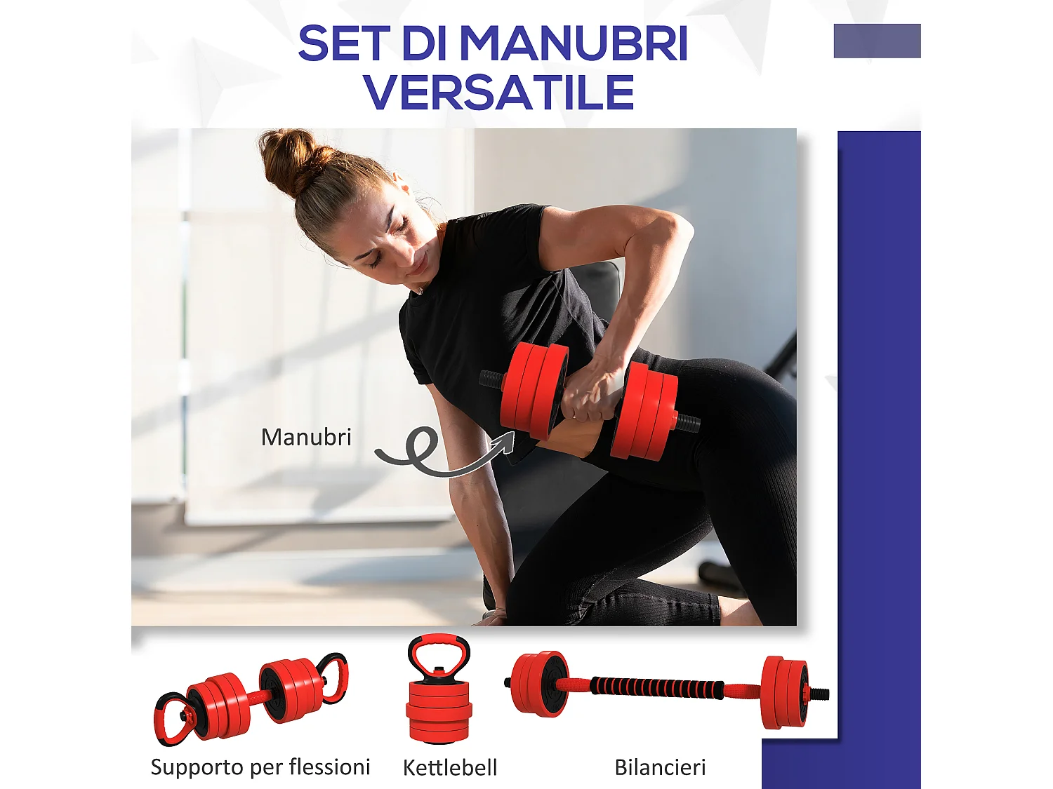 Set pesi 4 in 1 da 20kg con kettlebell manubri e bilanciere rosso