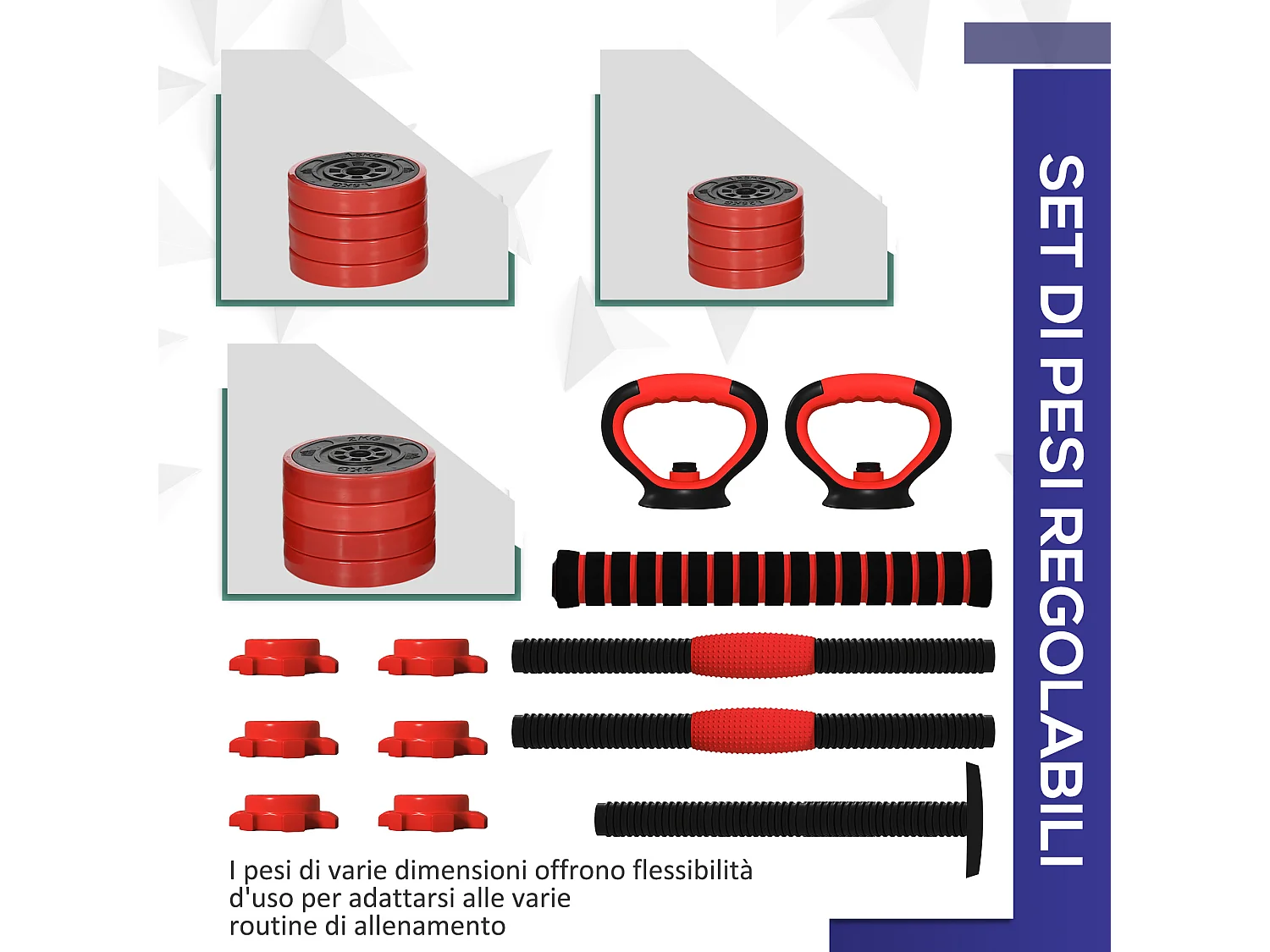 Set pesi 4 in 1 da 20kg con kettlebell manubri e bilanciere rosso