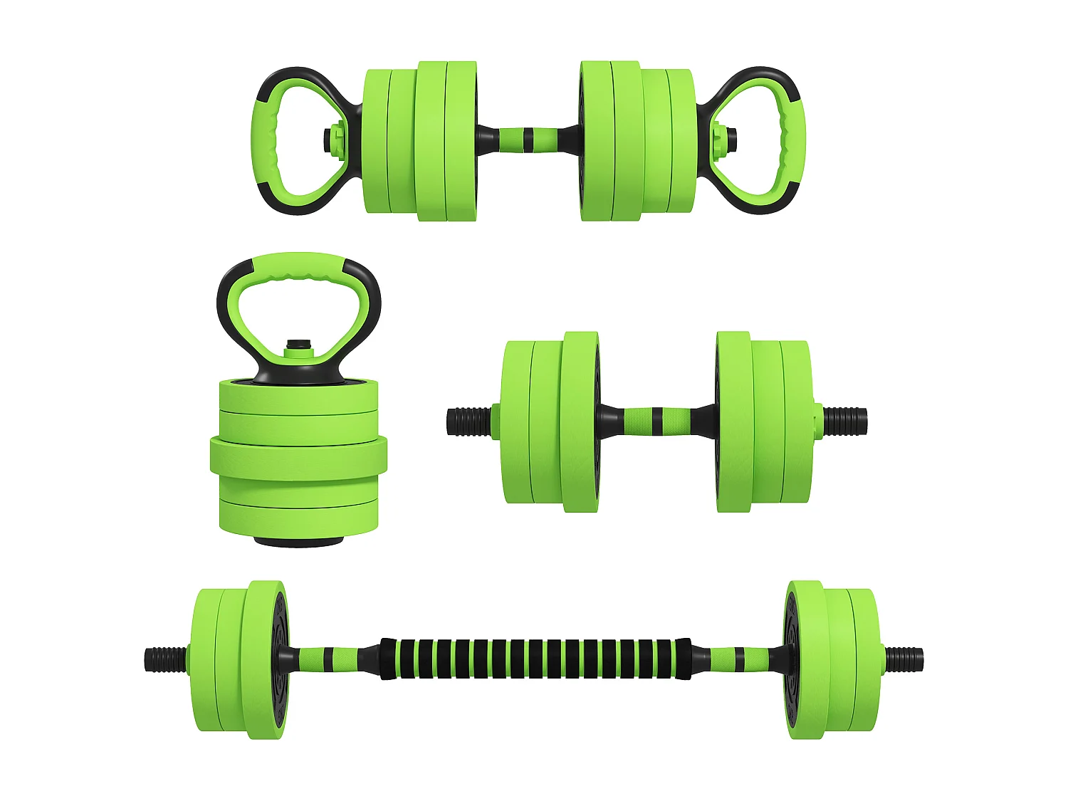 Set pesi 4 in 1 da 20kg con kettlebell manubri e bilanciere verde