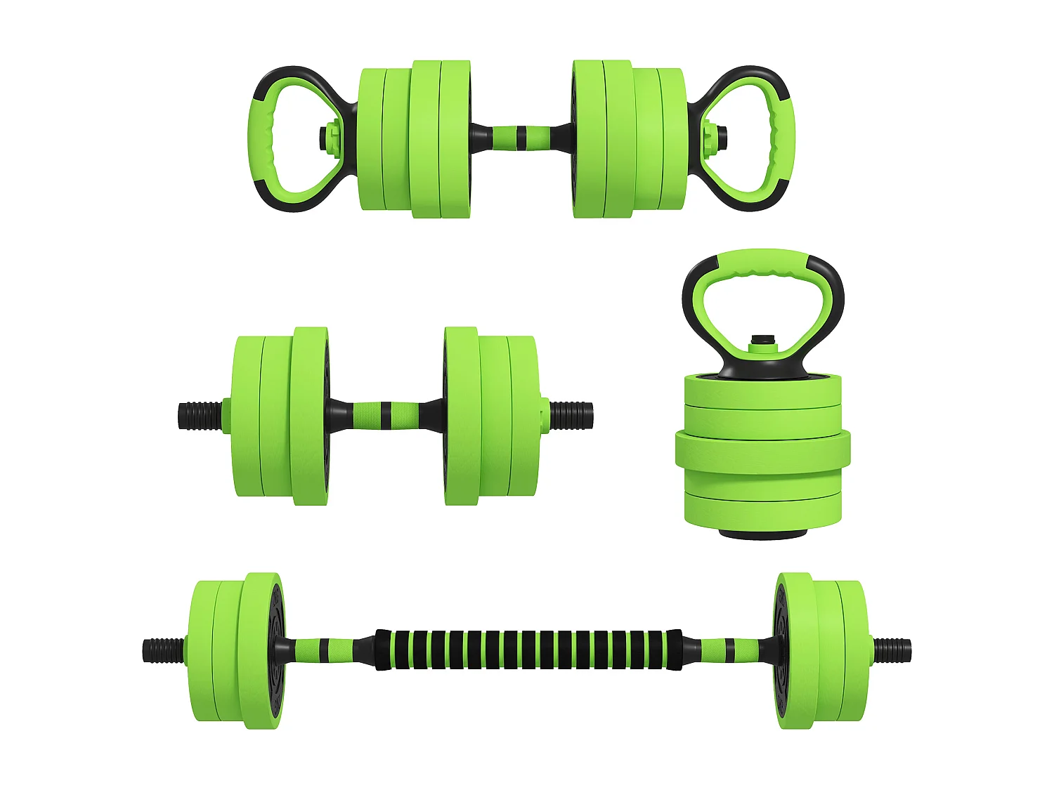 Set pesi 4 in 1 da 20kg con kettlebell manubri e bilanciere verde