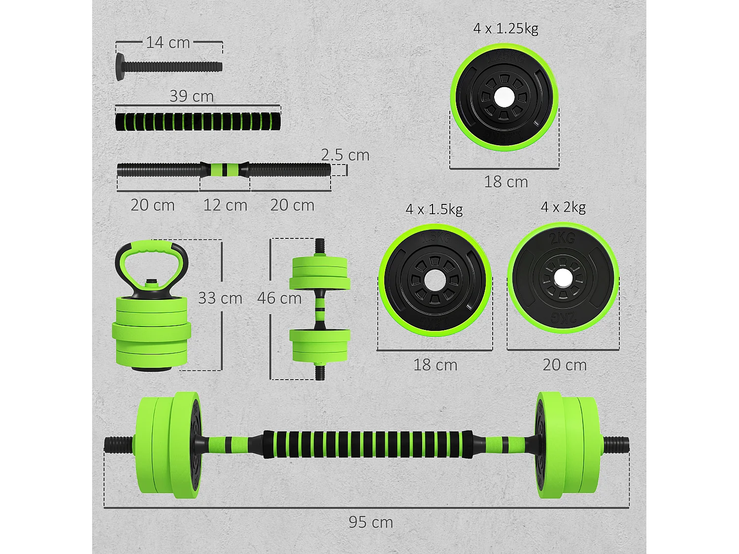 Set pesi 4 in 1 da 20kg con kettlebell manubri e bilanciere verde