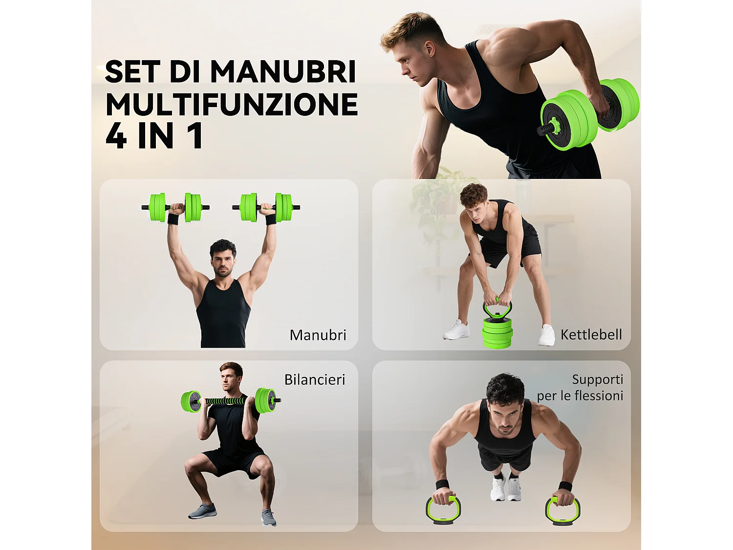 Set pesi 4 in 1 da 20kg con kettlebell manubri e bilanciere verde