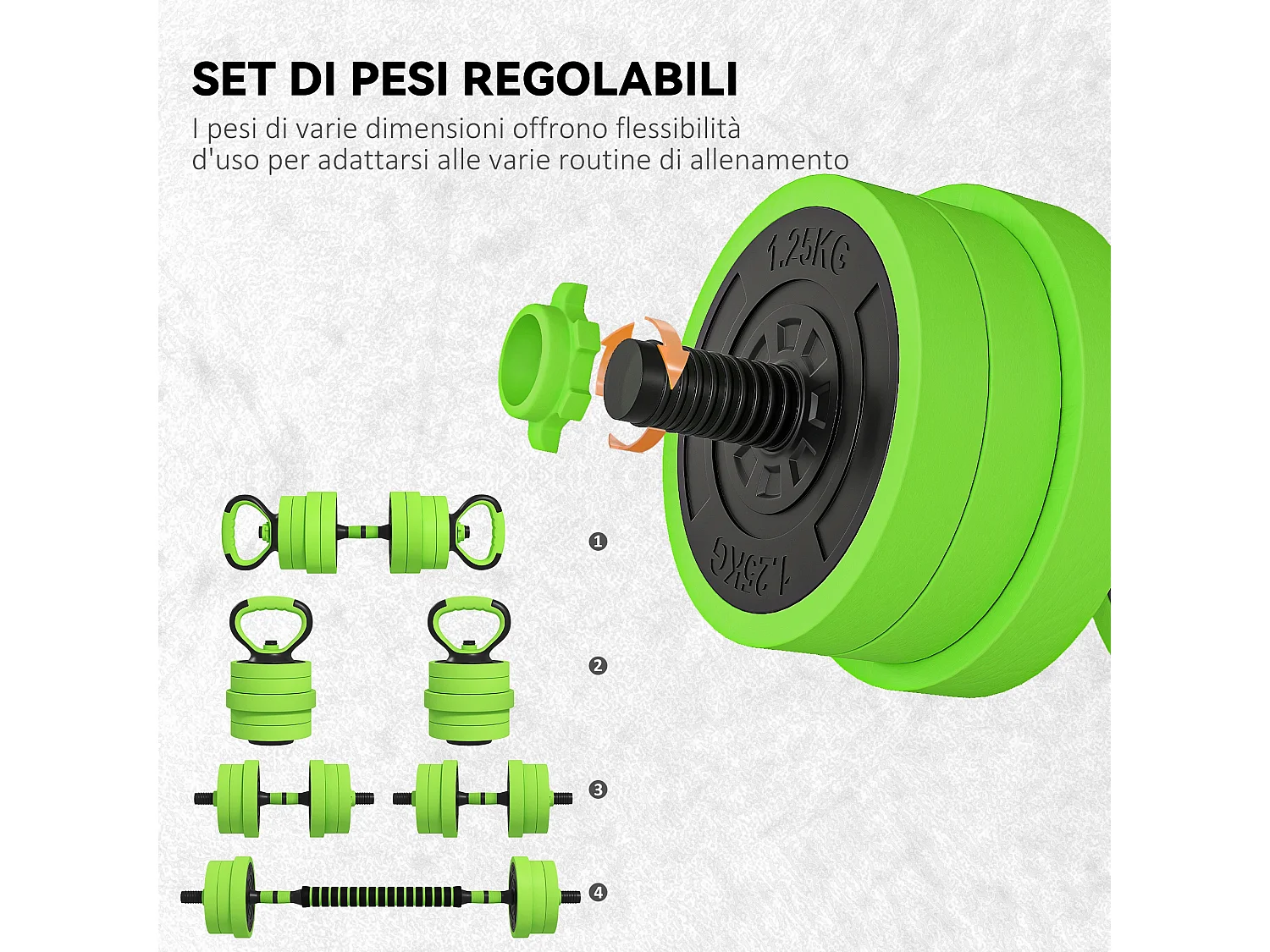 Set pesi 4 in 1 da 20kg con kettlebell manubri e bilanciere verde