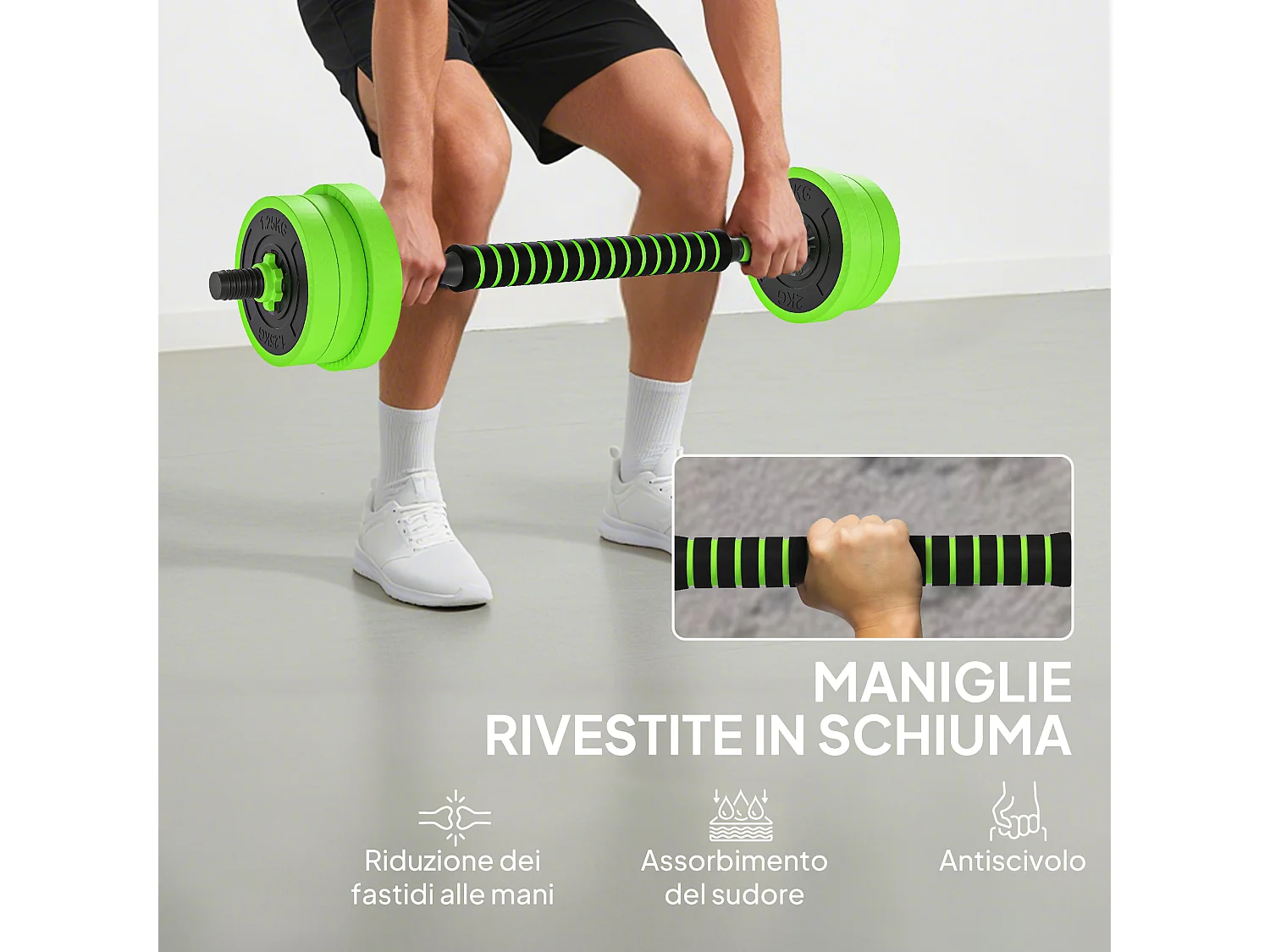 Set pesi 4 in 1 da 20kg con kettlebell manubri e bilanciere verde